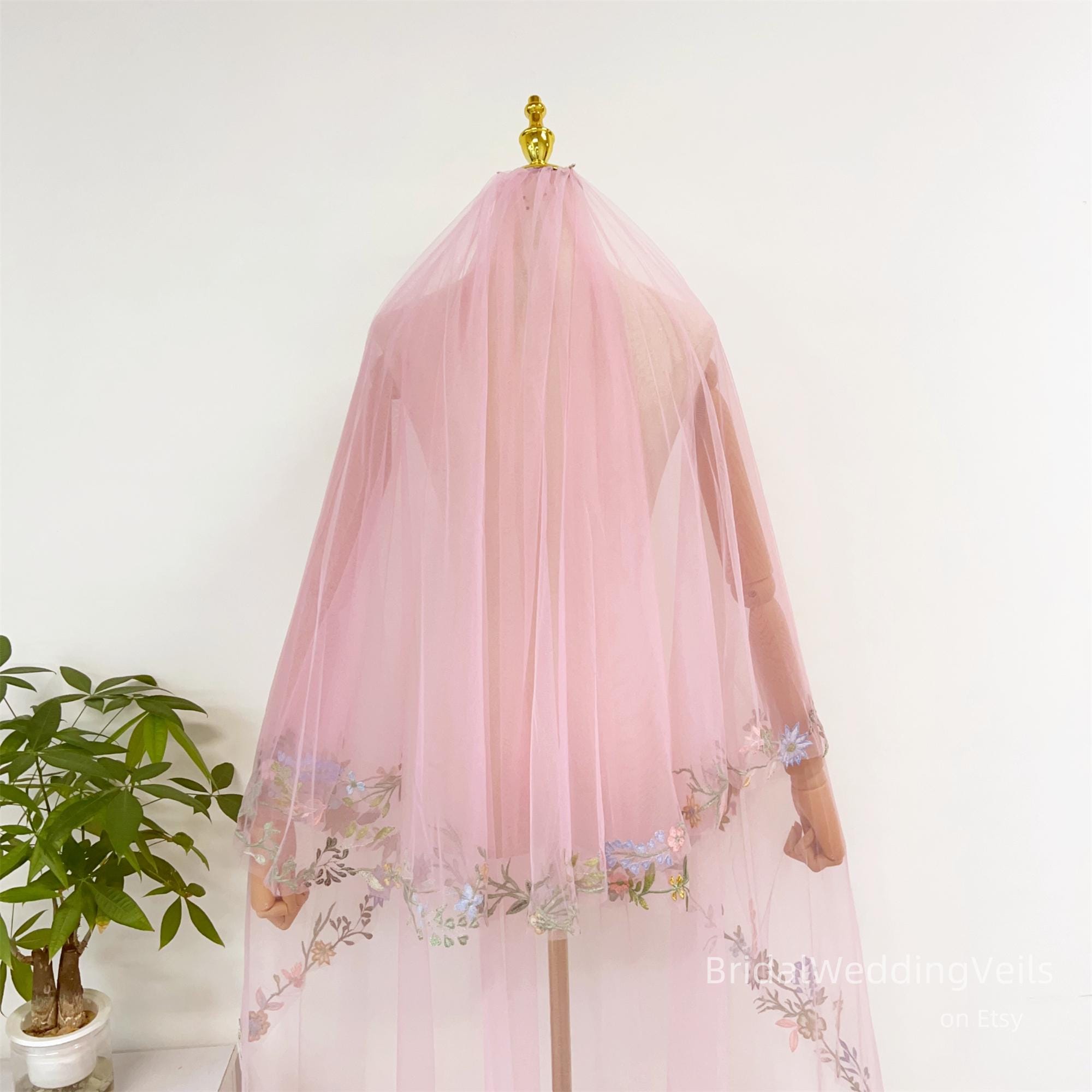 NWOT Blush Pink Cathedral Wedding Veil – Floral Embroidered Edge LS53/ Mantilla veil / Blush pink flower glitter veil  main image 2