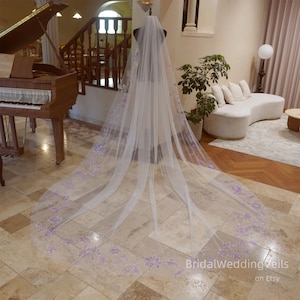 Purple Hand Painting Wildflowers Wedding Veil,Custom Unique Veil For You,Colorful Flowers Pattern Veils Cathedral/Royal,Bridal Veils