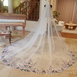 Ivory Tulle Colorful Lace Wedding Veil With Pink Flower Green Leaf,Modern Embroidery Lace Veil,Fairy Bridal Veil