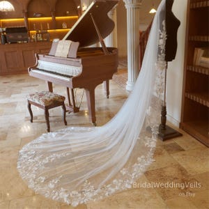 Delicate Floral Embroidery Cathedral Wedding Veil - Soft Tulle, Handmade Lace