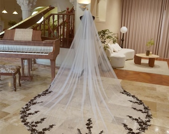 Velo de novia de encaje negro estilo catedral, velo de tul suave, velo de novia para boda de Halloween, velo personalizado hecho a mano en todos los colores y tamaños.