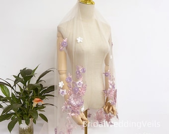 Purple Floral Lace Short Wedding Veil Fingertips Length,3D Flowers Lace Veil,Fairy Bridal Veil,Ivory/White/Beige/Champagne Veil