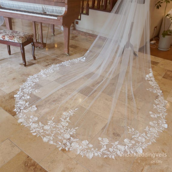 Delicate Lace Wedding Veil Cathedral,Embroidery Lace Veil With Sheer Sequins,Fairy Bridal Veil,Handmade Customized Unique Veil in All Colors