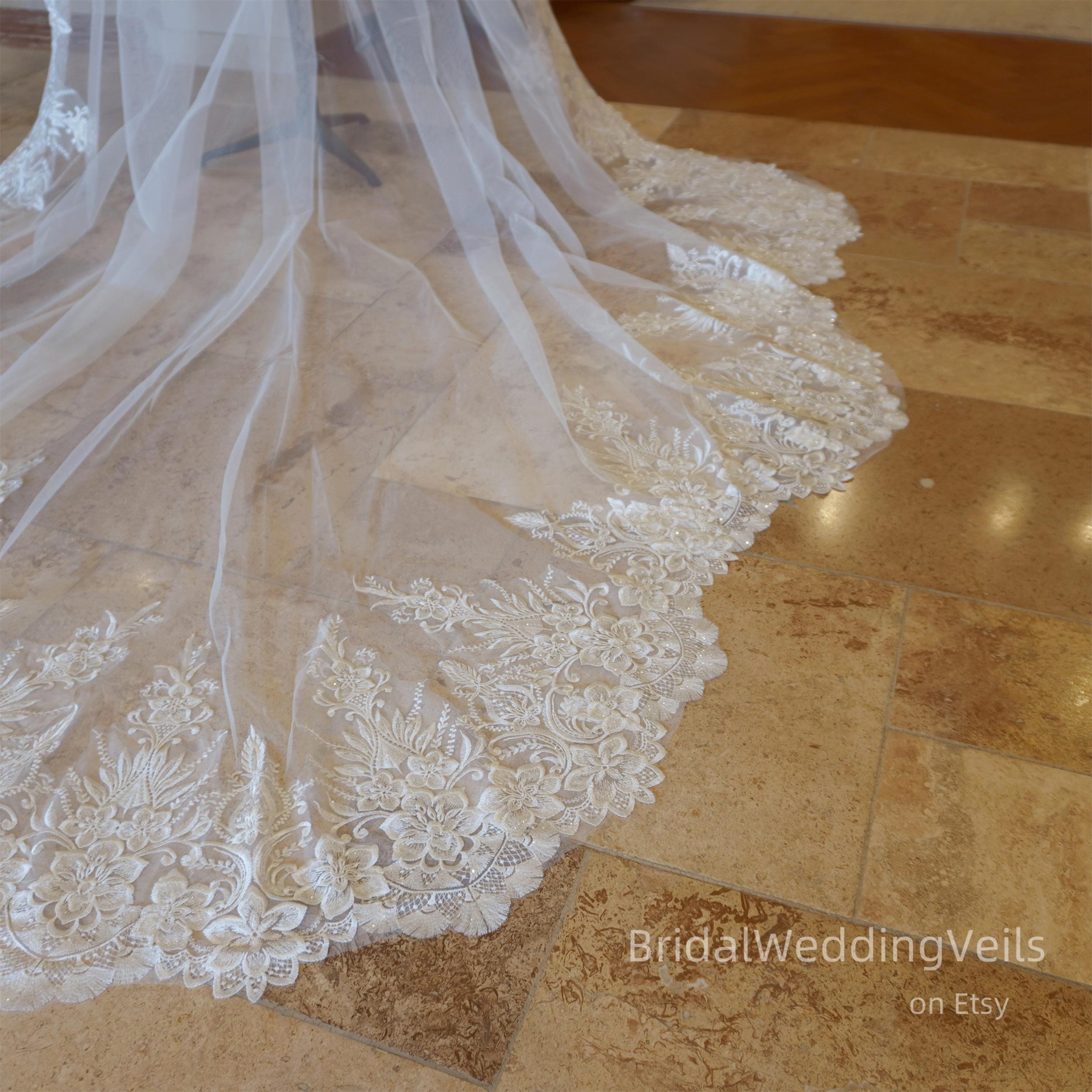 Sequin Lace Cathedral Wedding Veil: Scalloped Floral Edge, Fairy Bridal Veil