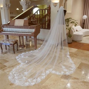 Floral Embroidery Cathedral Wedding Veil: Handmade Lace, 3D Flower
