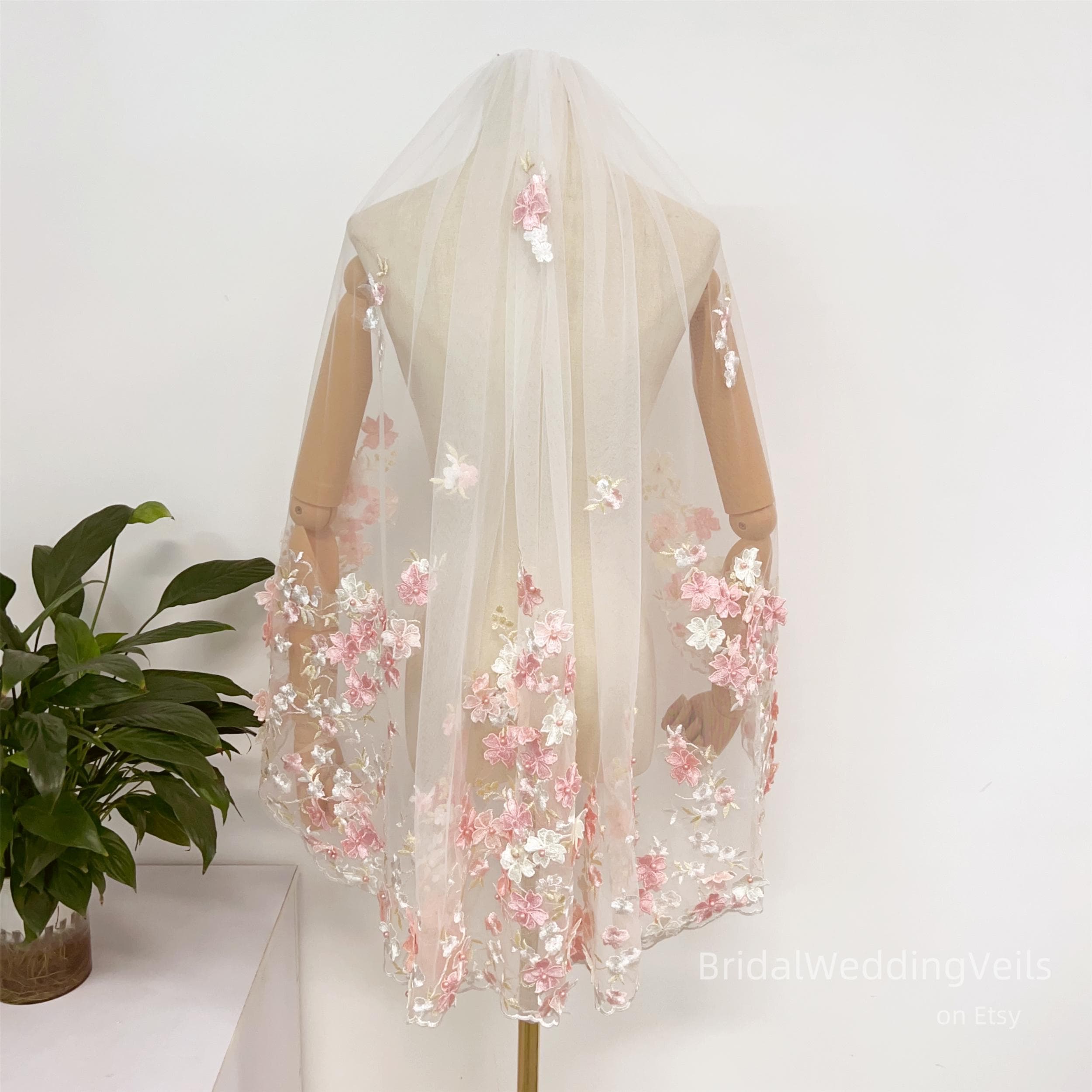 Pink Floral Lace Wedding Veil: Beaded Fingertip Veil