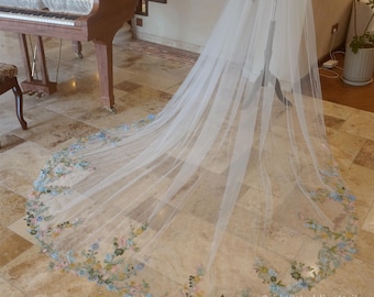 Colorful Embroidery Wildflowers Summer Wedding Veil Cathedral Length,Tulle Blue Green Floral Veil,Fairy Bridal Veil,Customized Unique Veil