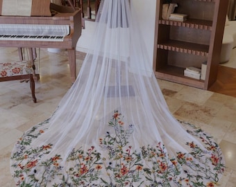 Colorful Embroidery Wildflowers Lace Wedding Veil Cathedral Length,Tulle Veil,Fairy Bridal Veil,Customized Unique Veil