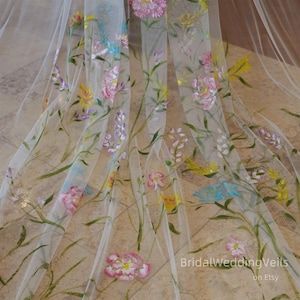 Hand-Painted Wildflower Wedding Veil: Cathedral Length Bridal Veil