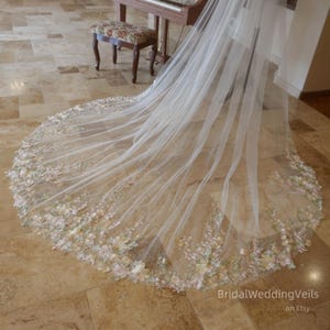 Pink Green Embroidery Flower Lace Wedding Veil Knees Length,Champagne Tulle Veil,Fairy Bridal Veil,Customized Unique Veil in All Colors Size