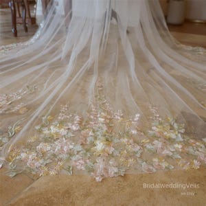 Pink Green Embroidery Flower Lace Wedding Veil,Champagne/Ivory Tulle Veil,Fairy Bridal Veil,Customized Unique Veil in All Colors Size