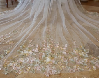 Pink Green Embroidery Flower Lace Wedding Veil,Champagne/Ivory Tulle Veil,Fairy Bridal Veil,Customized Unique Veil in All Colors Size