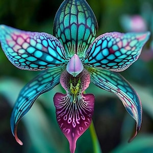 Puede incluir: Primer plano de una vibrante flor de orquídea. Los pétalos muestran un patrón de mosaico en tonos turquesa, azul, rosa y morado. El centro de la flor es lavanda, con detalles intrincados y una forma delicada y alargada.