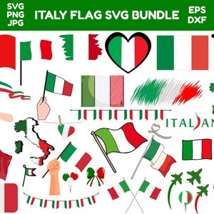 May include: A collection of Italy flag-themed SVG, PNG, JPG, EPS, and DXF files. The image features various Italian flag designs, including flags, hearts, banners, and map outlines in green, white, and red.