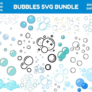 Puede incluir: Un paquete gráfico digital con varios diseños de burbujas en tonos de azul, verde azulado y negro. El texto "BUBBLES SVG BUNDLE" se muestra en la parte superior. Incluye formatos de archivo SVG, PNG, EPS y DXF.
