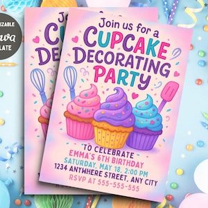 Invitación de cumpleaños con decoración de cupcakes: invitación digital editable para repostería