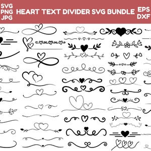 Puede incluir: Una colección de divisores de texto con temática de corazón en blanco y negro en varios estilos. La imagen incluye líneas decorativas, remolinos y formas de corazón, perfectas para proyectos de diseño digital. El texto en la parte superior dice "HEART TEXT DIVIDER SVG BUNDLE".