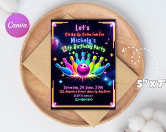 Bowling Birthday Invitation: Editable Canva Template (5x7 Inches, Digital Download)