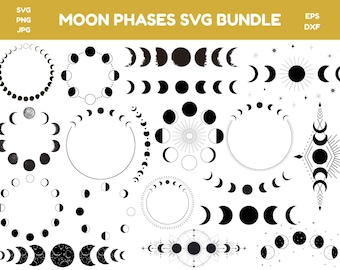 May include: A collection of black and white moon phase illustrations in various circular and linear arrangements. The phrase "MOON PHASES SVG BUNDLE" is at the top, with file type indicators.