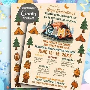 May include: A colorful printable flyer for a teacher and staff appreciation week at Royal Elementary School. The flyer features a cartoon camping theme with a tent, campfire, and lantern icons. The event is titled "Camp" and the dates are June 12-15, 20XX. The flyer lists daily activities for the week, including a coffee bar, taco bar, and outdoor BBQ.