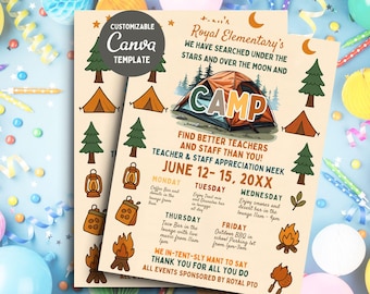 Plantilla editable de Canva: folleto con itinerario para el Día de agradecimiento a maestros y personal, programa de campamento imprimible