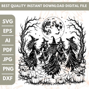 Può includere: Un'illustrazione digitale in bianco e nero con cinque streghe con cappelli a punta che danzano in cerchio sotto una luna piena, circondate da alberi spogli, zucche e candele. Il testo recita BEST QUALITY INSTANT DOWNLOAD DIGITAL FILE.