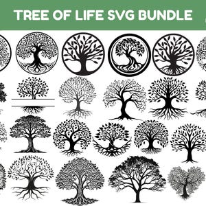 Puede incluir: Un conjunto de 25 diseños SVG de árbol de la vida en blanco y negro. Los diseños presentan varios estilos de árboles con raíces, ramas y hojas. Los diseños son perfectos para manualidades, scrapbooking y otros proyectos creativos.