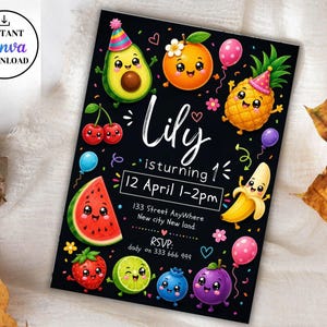 May include: A black rectangular party invitation card featuring colorful cartoon fruit characters including an avocado, orange, pineapple, watermelon, strawberry, lime, blueberry, and banana, with text reading Lily is turning 1, 12 April 1-2pm, 133 Street AnyWhere, New city New land, RSVP: dady on 333 666 999.
