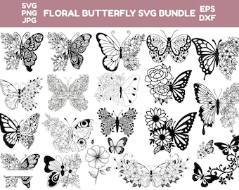 Floral Butterfly SVG Bundle, Butterfly Clip Art (Digital Files)