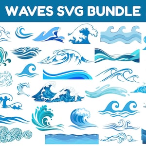 Pode incluir: Um conjunto de 25 ilustrações de ondas azuis e brancas nos formatos SVG, PNG, JPG, EPS e DXF. As ondas são de vários estilos, desde linhas simples até designs detalhados.