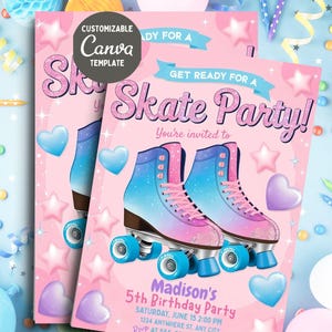 Puede incluir: Invitación a una fiesta de cumpleaños rosa y azul con un diseño de purpurina. La invitación presenta un par de patines con colores degradados rosa y azul y un diseño de estrellas. El texto de la invitación dice "¡Prepárate para una fiesta de patinaje!" y "Estás invitado a la fiesta de cumpleaños de Madison, 5 años".
