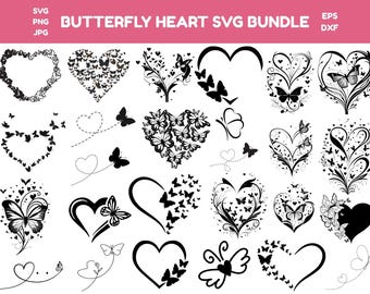Paquete de diseños SVG de mariposas y corazones / Diseños de amor (Descarga digital)