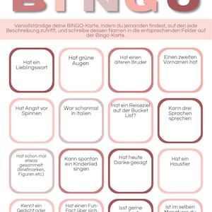 Könnte beinhalten: Eine rosa-weiße Bingo-Spielkarte mit dem Wort "KENNENLERN BINGO" oben. Die Karte enthält verschiedene Aufforderungen auf Deutsch, wie "Hat ein Lieblingswort" und "Hat grüne Augen".