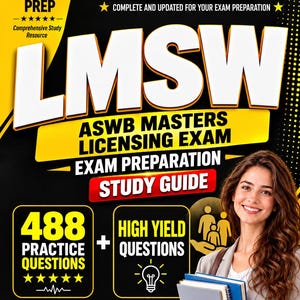 Pode incluir: Uma capa de guia de estudo para a edição 2027-2028 do exame de licenciamento LMSW ASWB Masters. O design preto e amarelo apresenta o texto 488 questões de prática, questões de alto rendimento e 04 testes de prática com um gráfico de uma pessoa.