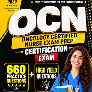 Może przedstawiać: Okładka książki przygotowującej do egzaminu OCN Oncology Certified Nurse na lata 2027-2028 z uśmiechniętą pielęgniarką w niebieskim stroju i stetoskopem. Czarno-żółta okładka zawiera tekst o 660 pytaniach praktycznych i 04 testach egzaminacyjnych.