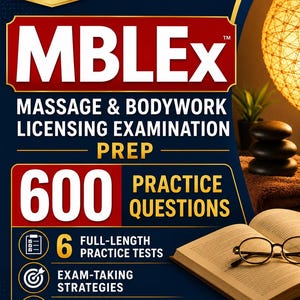 May include: A book cover for the MBLEx Massage & Bodywork Licensing Examination Prep, 2026 edition. The cover features the title, exam prep details, and practice questions. An open book with glasses rests on a table, with spa stones and a lamp in the background.