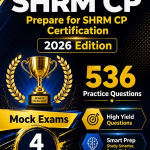 Może przedstawiać: Obraz promocyjny dla certyfikacji SHRM CP. Obraz zawiera tekst "SHRM CP" i "Przygotuj się do certyfikacji SHRM CP Edycja 2026." Zawiera złote trofeum, wieniec laurowy oraz tekst "536 Pytań praktycznych." Dodatkowy tekst obejmuje "Mock Exams" i "4 Full-Length Mock Exams."