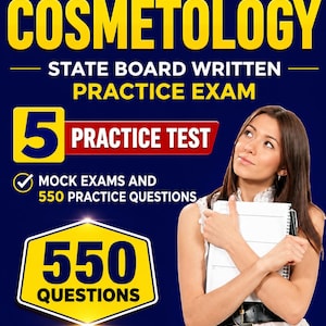 Puede incluir: Un libro de examen de práctica de cosmetología con el texto "2026 Edition Cosmetology State Board Written Practice Exam". La portada presenta a una mujer sosteniendo el libro, con texto que destaca 5 pruebas de práctica, exámenes simulados y 550 preguntas de práctica. El fondo es azul.