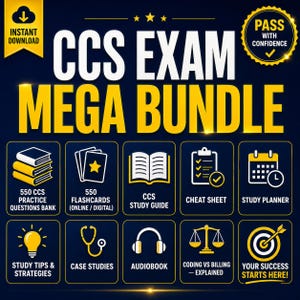 Puede incluir: Un gráfico digital CCS Exam Mega Bundle sobre un fondo azul oscuro con texto e iconos amarillos. Incluye una pila de libros, tarjetas de estudio, una guía, una hoja de trucos, un planificador, una bombilla, un estetoscopio y una diana.
