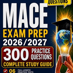 Pode incluir: Um guia de estudo para o exame MACE 2026/2027 com 300 questões de prática. A capa inclui o texto Updated Edition, High Yield Questions, e detalha 6 testes de prática completos, um guia de estudo e respostas e explicações detalhadas.