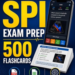 Könnte beinhalten: Werbebild für ARDMS SPI Exam Prep mit 500 Karteikarten, einem Smartphone mit medizinischer Frage und dem Text "2026 Edition". Das Bild enthält Symbole für PDF und Anki CSV.