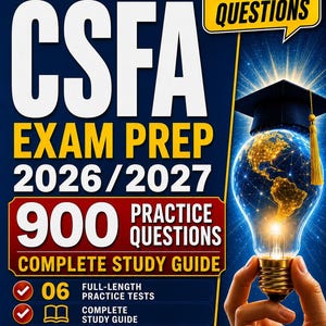 Pode incluir: Uma capa de guia de estudo intitulada CSFA Exam Prep 2026/2027 com 900 questões de prática. O fundo azul apresenta texto incluindo Updated Edition, High Yield Questions e 06 testes completos. Uma lâmpada com um gráfico de globo e um capelo é exibida.