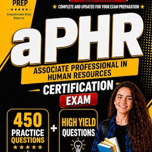May include: A study guide cover for the 2026-2027 aPHR Associate Professional in Human Resources certification exam. The black and yellow design features text including 450 practice questions, high yield questions, and 05 practice tests.