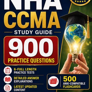 Puede incluir: Portada de la guía de estudio NHA CCMA. El título está en letras doradas. El número 900 está en un recuadro rojo. La imagen incluye una bombilla con un globo terráqueo, un birrete y el texto "500 tarjetas didácticas compatibles con Anki".
