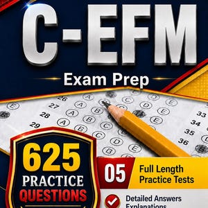 May include: A C-EFM 2026-2027 exam prep book cover featuring a yellow pencil resting on a multiple-choice answer sheet. The text reads 625 PRACTICE QUESTIONS, 05 Full Length Practice Tests, Detailed Answers Explanations, and UPDATED EDITION.