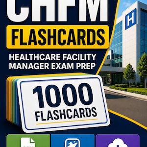 Könnte beinhalten: Ein Stapel Karteikarten mit dem Text "CHFM FLASHCARDS" und "HEALTHCARE FACILITY MANAGER EXAM PREP." Die Karteikarten sind mit "1000 FLASHCARDS" beschriftet. Symbole zeigen CSV-Datei, Anki-Kompatibilität und Sofort-Download an.