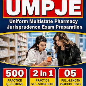May include: The cover of a study guide for the Uniform Multistate Pharmacy Jurisprudence Exam, titled "UMPJE" in white on red. It includes the years 2026-2027, and features two women. The cover also states "500 Practice Questions, 2 in 1 Practice Set + Study Guide, 05 Full-Length Practice Tests."