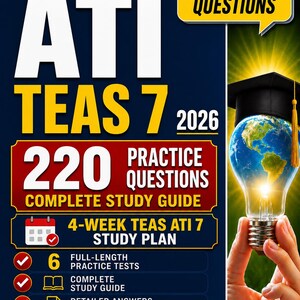 Pode incluir: Capa de livro de estudo para o exame ATI TEAS 7. A capa é azul escuro com texto branco e amarelo, incluindo "ATI TEAS 7 2026" e "220 Questões Práticas". Uma mão segura uma lâmpada com um globo dentro.