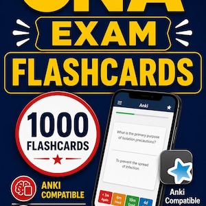 May include: A navy blue graphic promoting CNA exam flashcards. The image features the text "CNA EXAM FLASHCARDS" in yellow, a red circle with "1000 FLASHCARDS", and a smartphone displaying a flashcard question. The image also includes "Anki Compatible" and "CSV Downloads".