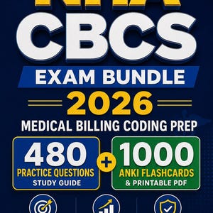 Op de afbeelding: Een digitale studiegids voor het NHA CBCS 2026 examen, met gele en witte tekst op een donkerblauwe achtergrond. Het bevat 480 oefenvragen, 1000 Anki-flashcards en een printbare PDF, met iconen voor examenvoorbereiding en strategieën.